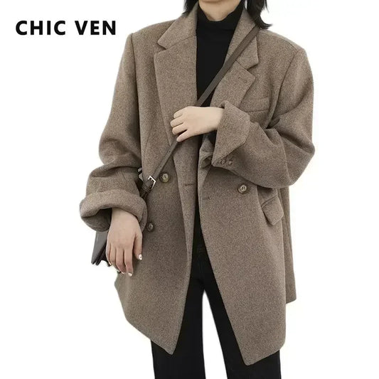 Long Woolen Blazer Thick Warm Blouse Lady